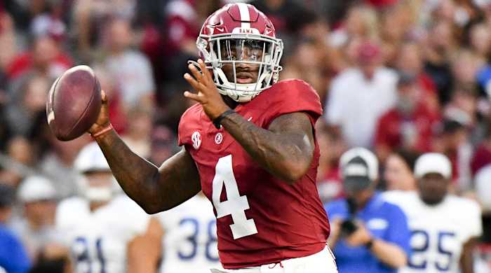 Alabama Crimson Tide quarterback Jalen Milroe looks to pass during a game against Middle Tennessee on Sept. 2, 2023.